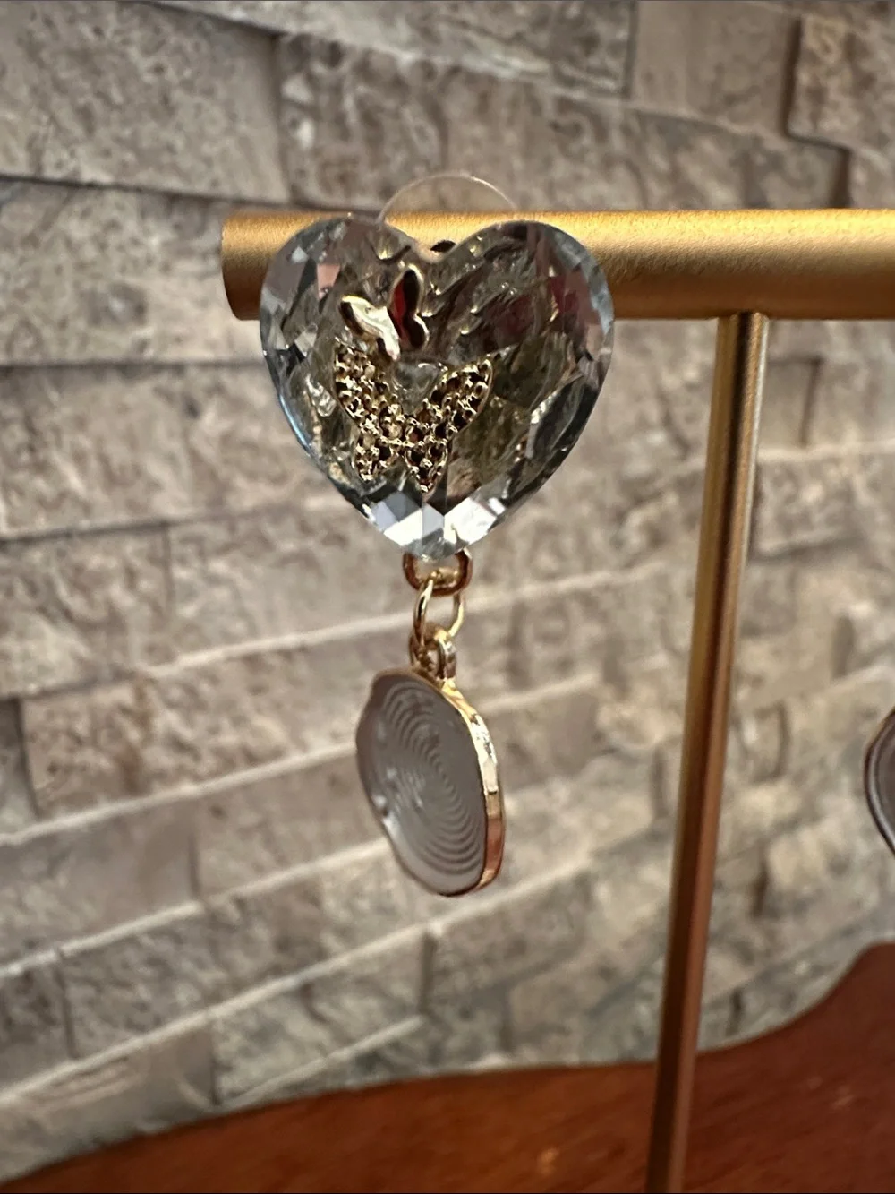 Fashion Jewelry Gold and Clear Heart Drop Earrings with Textured Discs